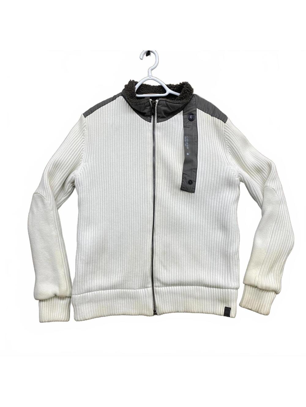Men's G-Star Raw Ribbed Knit Bomber Jacket Sz L White Grey Sherpa Fleece Lined